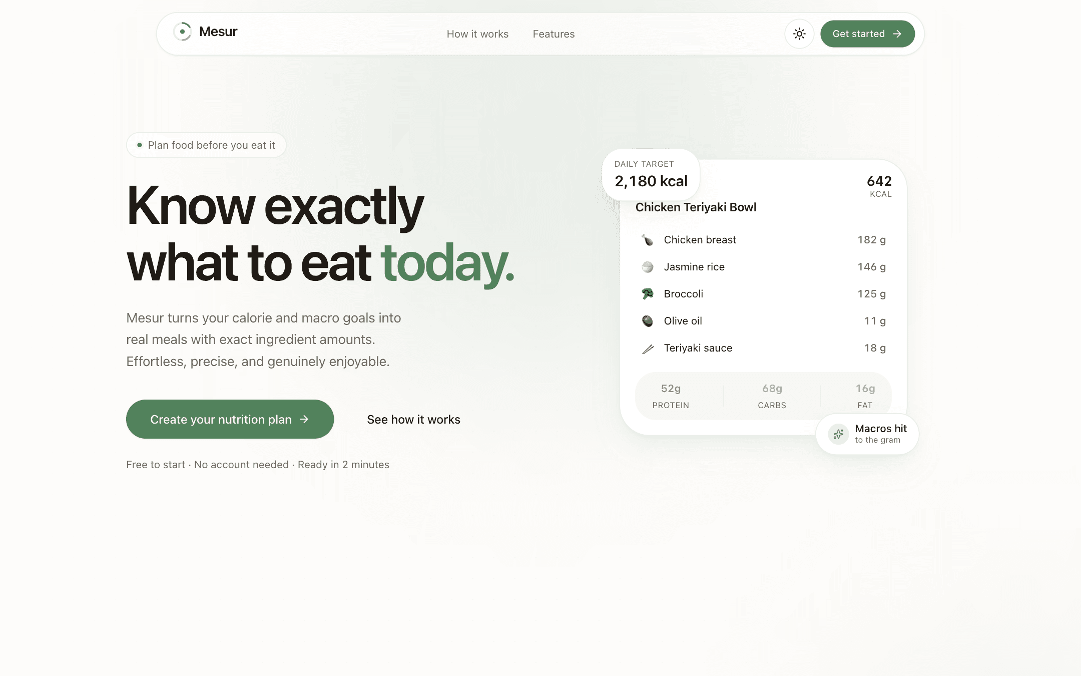 A Mesur meal resolved to exact ingredient amounts.